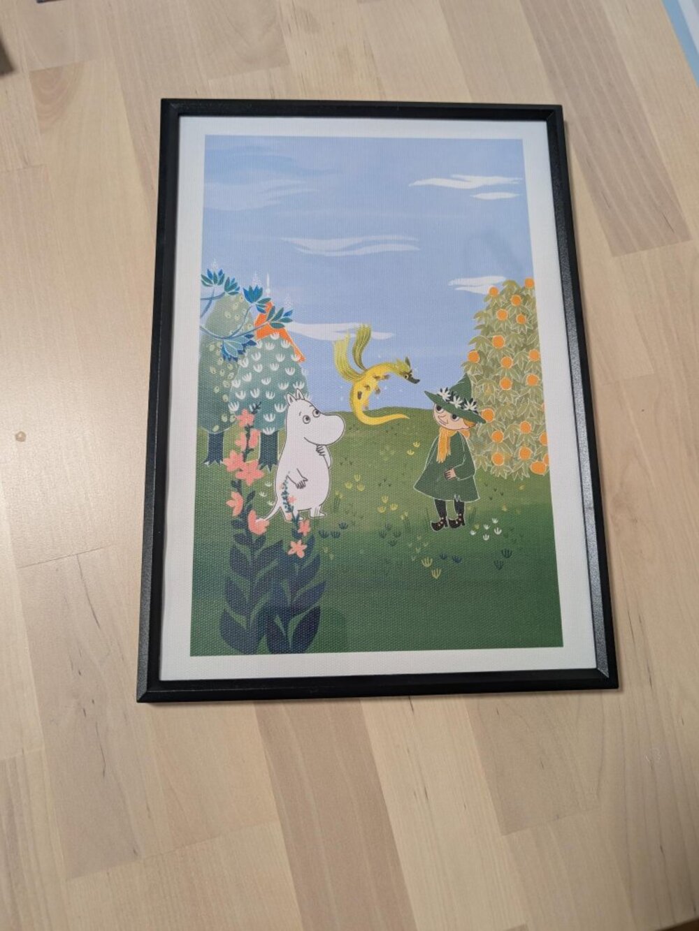 Snufkin & Moomin Canvas Print 20x30cm in black frame, Moominvalley Poster
